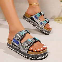 Boho Plateau Slippers Dames – Dikke Zool, Strass Kurk & Verstelbare Gespbanden