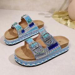 Boho Plateau Slippers Dames – Dikke Zool, Strass Kurk & Verstelbare Gespbanden