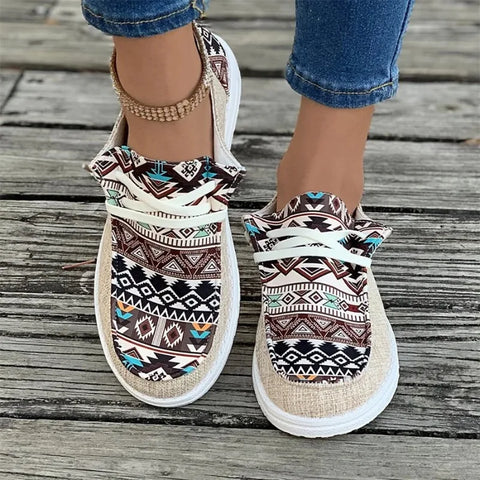 Dames Wandelsneakers met Etnisch Patroon – Comfortabele Veterschoenen met Dikke Zool voor Zomer