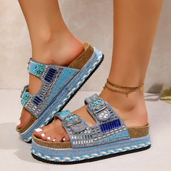 Boho Plateau Slippers Dames – Dikke Zool, Strass Kurk & Verstelbare Gespbanden