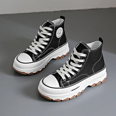 Dames Hoge Platform Sneakers – Casual Canvas Veterschoenen met Antislip Zool