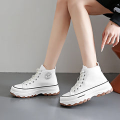 Dames Hoge Platform Sneakers – Casual Canvas Veterschoenen met Antislip Zool