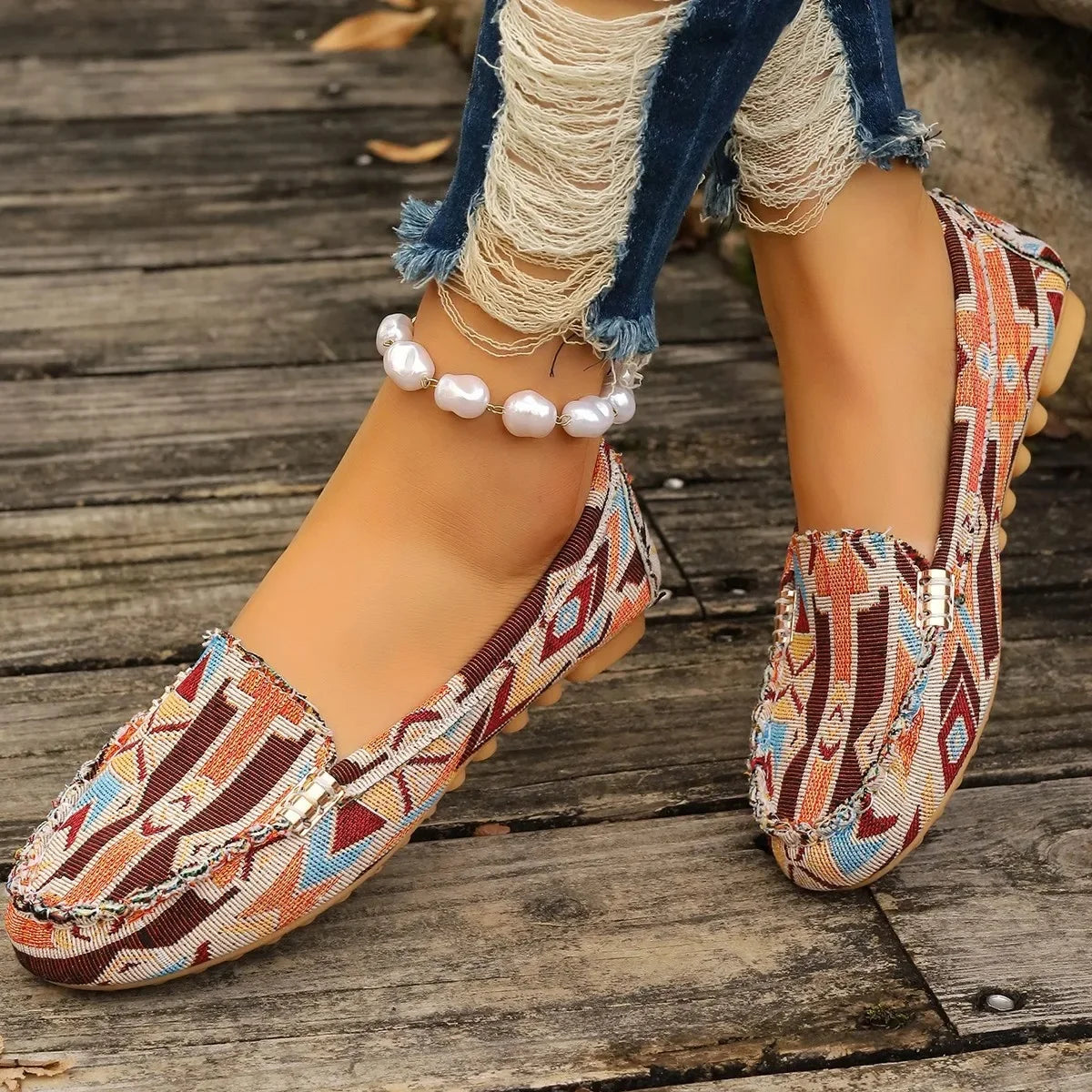 Plus Size Dames Instapschoenen – Etnisch Patroon, Ademend & Comfortabel voor Lente en Zomer
