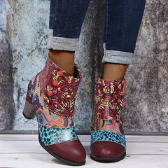 Boho Patchwork Enkellaarsjes Dames – Retro Kleurenmix, Comfort Hak & Unieke Stijl
