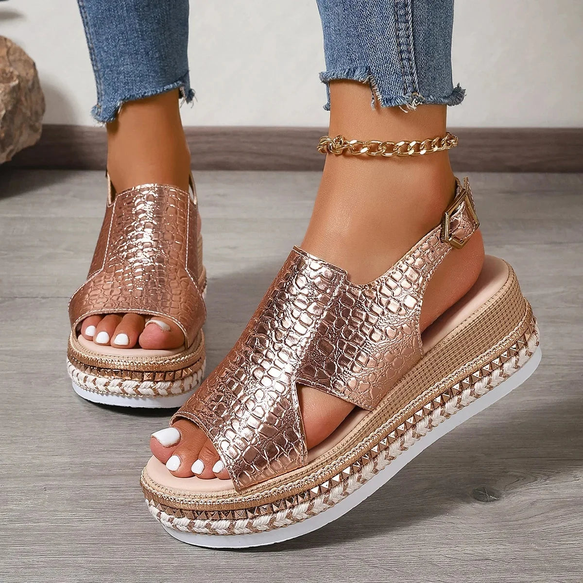 Metallic Romeinse Plateau Sandalen Dames – Grote Maat, Ergonomisch & Zomers Comfort