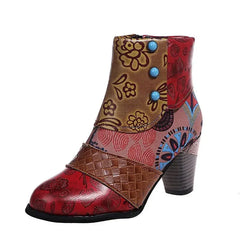 Boho Patchwork Enkellaarsjes Dames – Retro Kleurenmix, Comfort Hak & Unieke Stijl