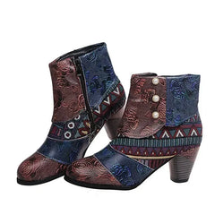 Boho Patchwork Enkellaarsjes Dames – Retro Kleurenmix, Comfort Hak & Unieke Stijl