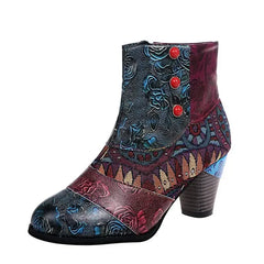 Boho Patchwork Enkellaarsjes Dames – Retro Kleurenmix, Comfort Hak & Unieke Stijl
