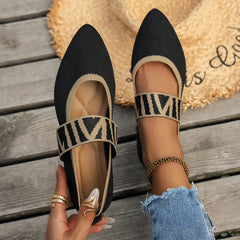Gestreepte Dames Ballerina's – Comfortabele Gebreide Flats met Puntige Neus en Elastische Band