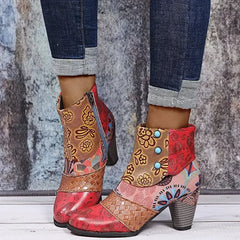 Boho Patchwork Enkellaarsjes Dames – Retro Kleurenmix, Comfort Hak & Unieke Stijl