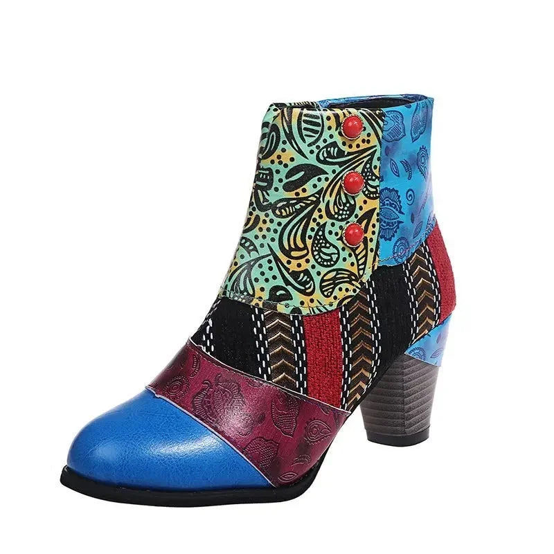 Boho Patchwork Enkellaarsjes Dames – Retro Kleurenmix, Comfort Hak & Unieke Stijl