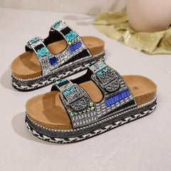 Boho Plateau Slippers Dames – Dikke Zool, Strass Kurk & Verstelbare Gespbanden