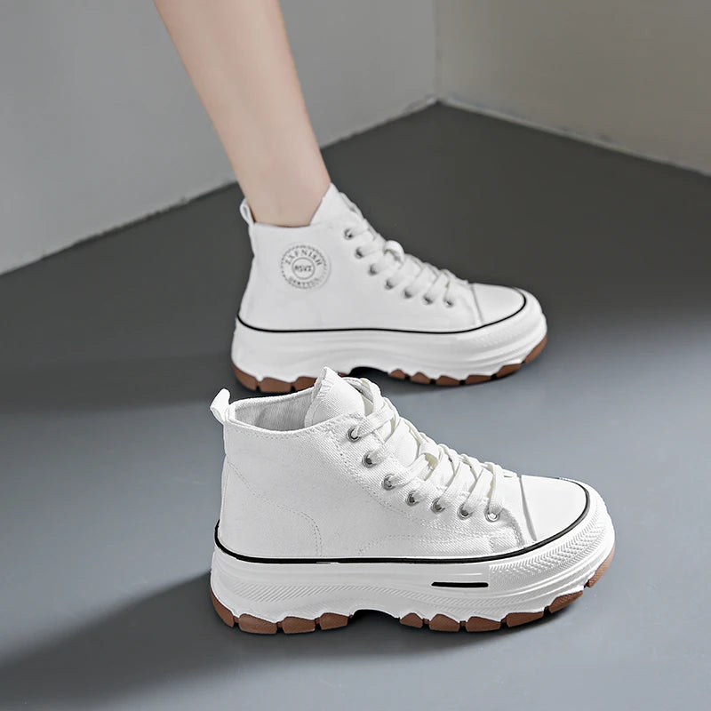 Dames Hoge Platform Sneakers – Casual Canvas Veterschoenen met Antislip Zool