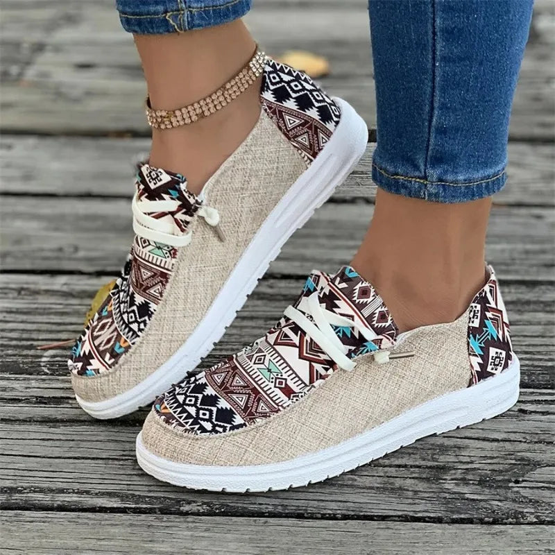 Dames Wandelsneakers met Etnisch Patroon – Comfortabele Veterschoenen met Dikke Zool voor Zomer