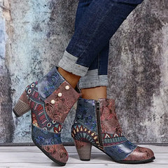 Boho Patchwork Enkellaarsjes Dames – Retro Kleurenmix, Comfort Hak & Unieke Stijl