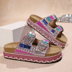 Boho Plateau Slippers Dames – Dikke Zool, Strass Kurk & Verstelbare Gespbanden