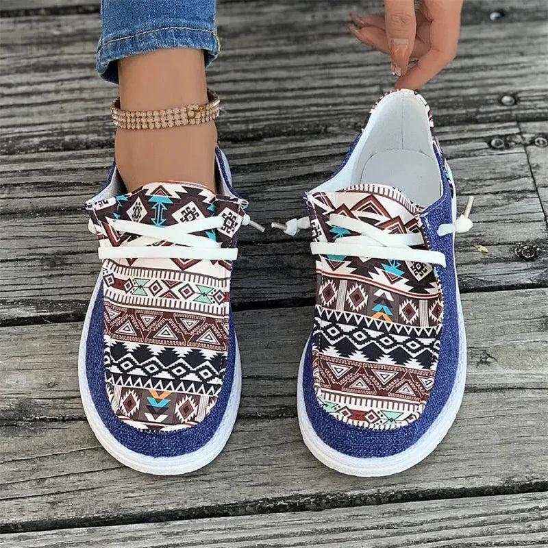 Dames Wandelsneakers met Etnisch Patroon – Comfortabele Veterschoenen met Dikke Zool voor Zomer