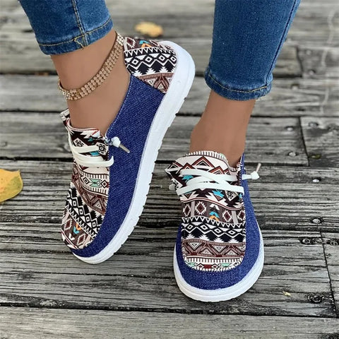 Dames Wandelsneakers met Etnisch Patroon – Comfortabele Veterschoenen met Dikke Zool voor Zomer