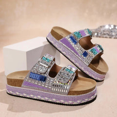 Boho Plateau Slippers Dames – Dikke Zool, Strass Kurk & Verstelbare Gespbanden