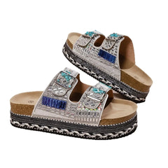 Boho Plateau Slippers Dames – Dikke Zool, Strass Kurk & Verstelbare Gespbanden