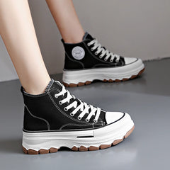 Dames Hoge Platform Sneakers – Casual Canvas Veterschoenen met Antislip Zool