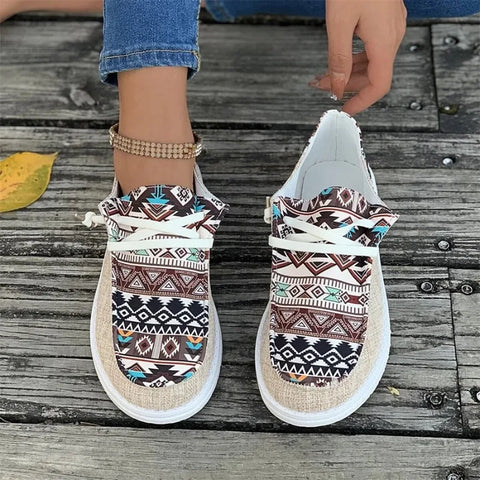 Dames Wandelsneakers met Etnisch Patroon – Comfortabele Veterschoenen met Dikke Zool voor Zomer