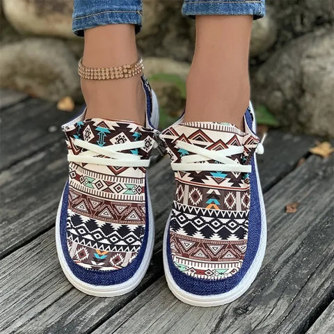 Dames Wandelsneakers met Etnisch Patroon – Comfortabele Veterschoenen met Dikke Zool voor Zomer