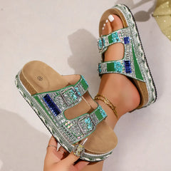 Boho Plateau Slippers Dames – Dikke Zool, Strass Kurk & Verstelbare Gespbanden