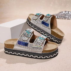 Boho Plateau Slippers Dames – Dikke Zool, Strass Kurk & Verstelbare Gespbanden