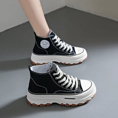 Dames Hoge Platform Sneakers – Casual Canvas Veterschoenen met Antislip Zool