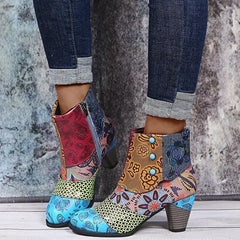 Boho Patchwork Enkellaarsjes Dames – Retro Kleurenmix, Comfort Hak & Unieke Stijl