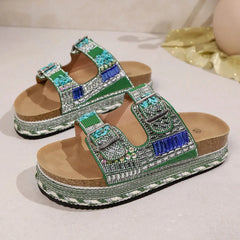 Boho Plateau Slippers Dames – Dikke Zool, Strass Kurk & Verstelbare Gespbanden