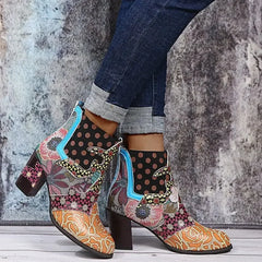 Boho Patchwork Enkellaarsjes Dames – Retro Kleurenmix, Comfort Hak & Unieke Stijl
