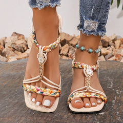 Boheemse Dames Sandalen met Gevlochten Design en Vierkante Teen - Dames - Schoenen
