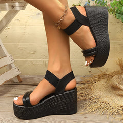 Chunky Platform Sandalen Dames – Zwarte Wig Hiel Sandalen met Elastische Band voor Casual en Strand - Dames - Schoenen
