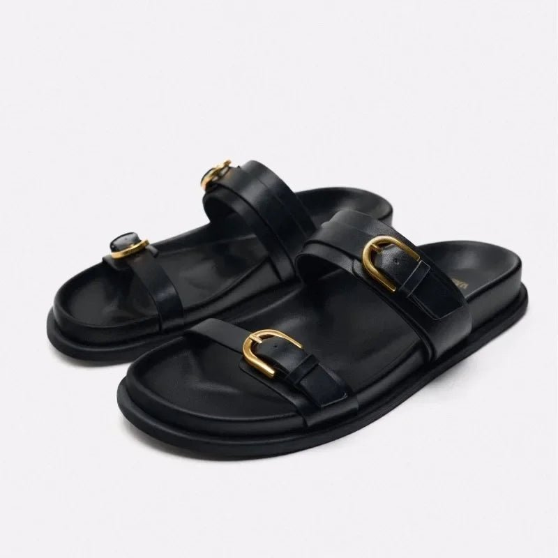 Dames Slingback Sandalen met Platte Zool en Ronde Teen – Zwart of Bruin – Slippers – Comfortabel - Dames - Schoenen