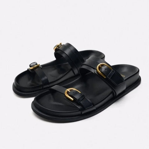 Dames Slingback Sandalen met Platte Zool en Ronde Teen – Zwart of Bruin – Slippers – Comfortabel - Dames - Schoenen