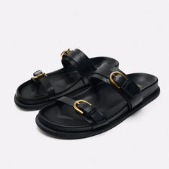Dames Slingback Sandalen met Platte Zool en Ronde Teen – Zwart of Bruin – Slippers – Comfortabel - Dames - Schoenen