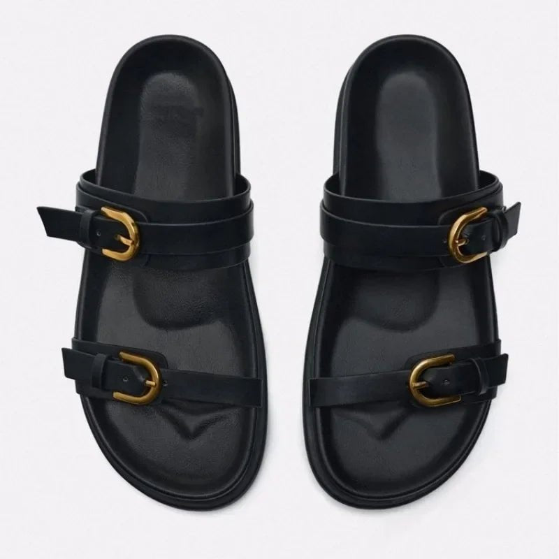 Dames Slingback Sandalen met Platte Zool en Ronde Teen – Zwart of Bruin – Slippers – Comfortabel - Dames - Schoenen