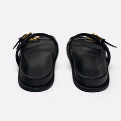Dames Slingback Sandalen met Platte Zool en Ronde Teen – Zwart of Bruin – Slippers – Comfortabel - Dames - Schoenen