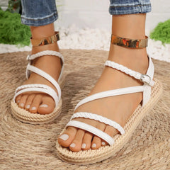 Lichtgewicht Witte Gladiator Sandalen Dames met Geweven Enkelband – Comfortabel - Dames - Schoenen