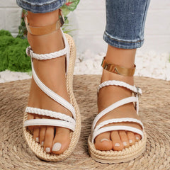 Lichtgewicht Witte Gladiator Sandalen Dames met Geweven Enkelband – Comfortabel - Dames - Schoenen
