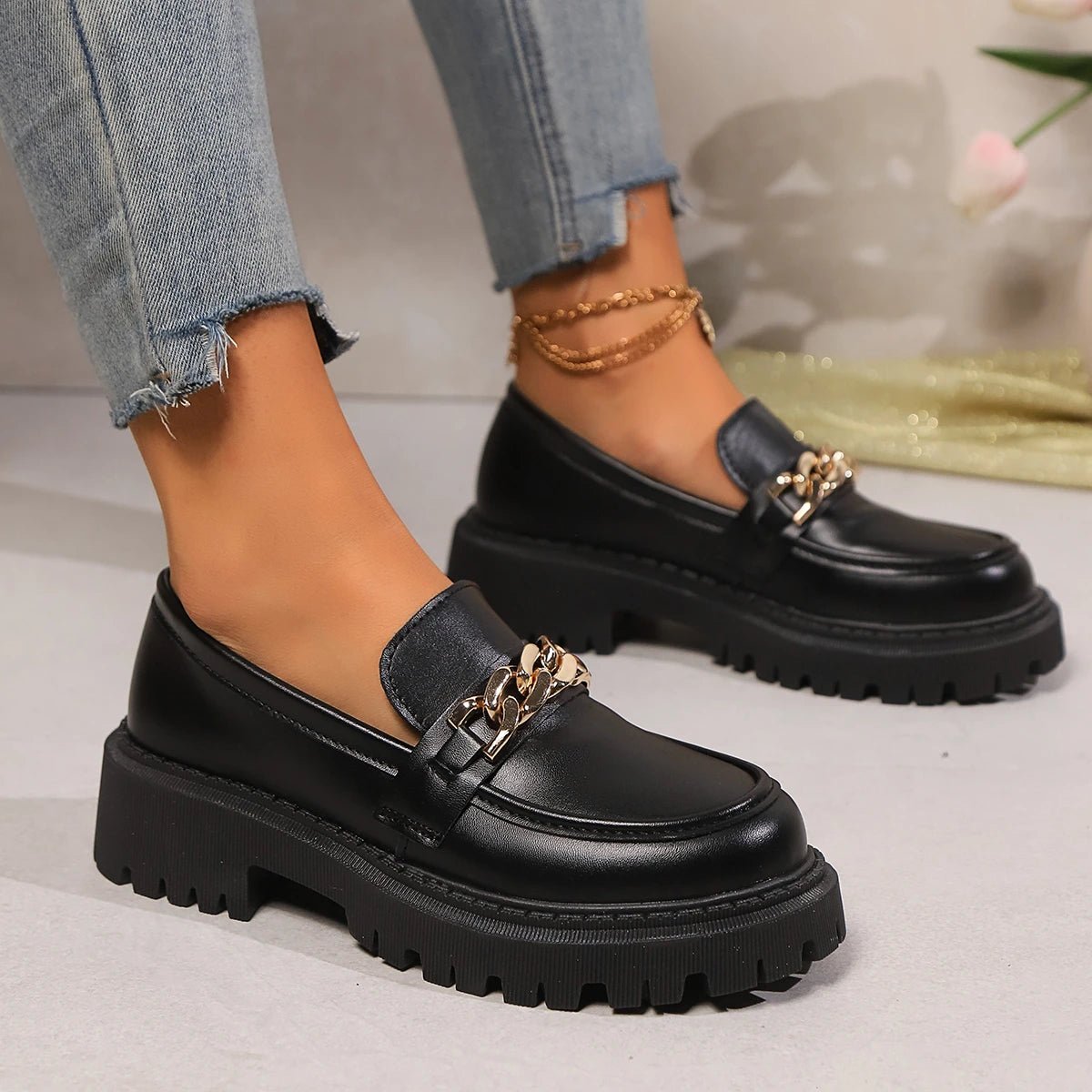 Zwarte Loafers Dames met Ronde Neus en Platform – Casual Schoenen voor Comfort en Stijl – met Platform – Comfortabel - Dames - Schoenen