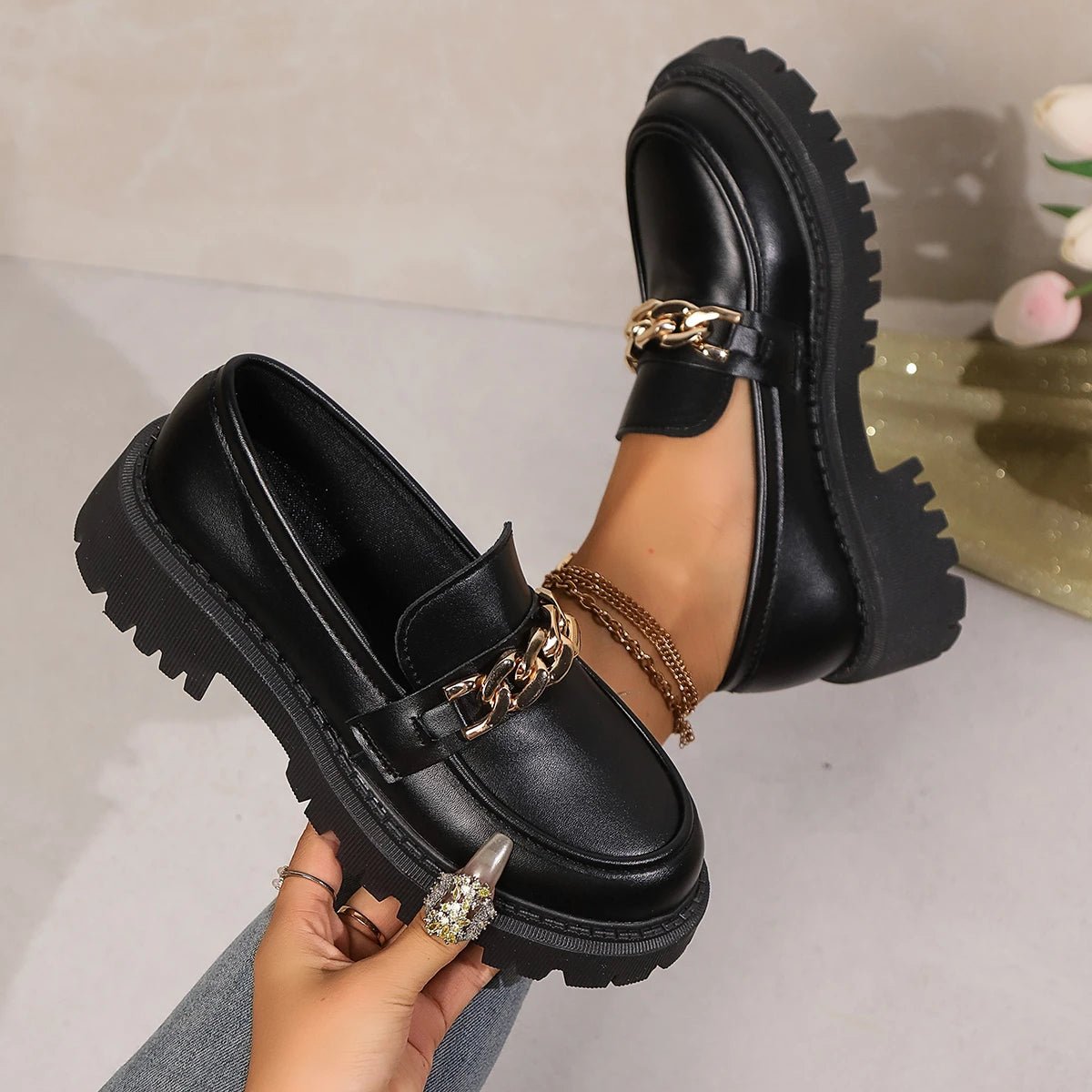 Zwarte Loafers Dames met Ronde Neus en Platform – Casual Schoenen voor Comfort en Stijl – met Platform – Comfortabel - Dames - Schoenen